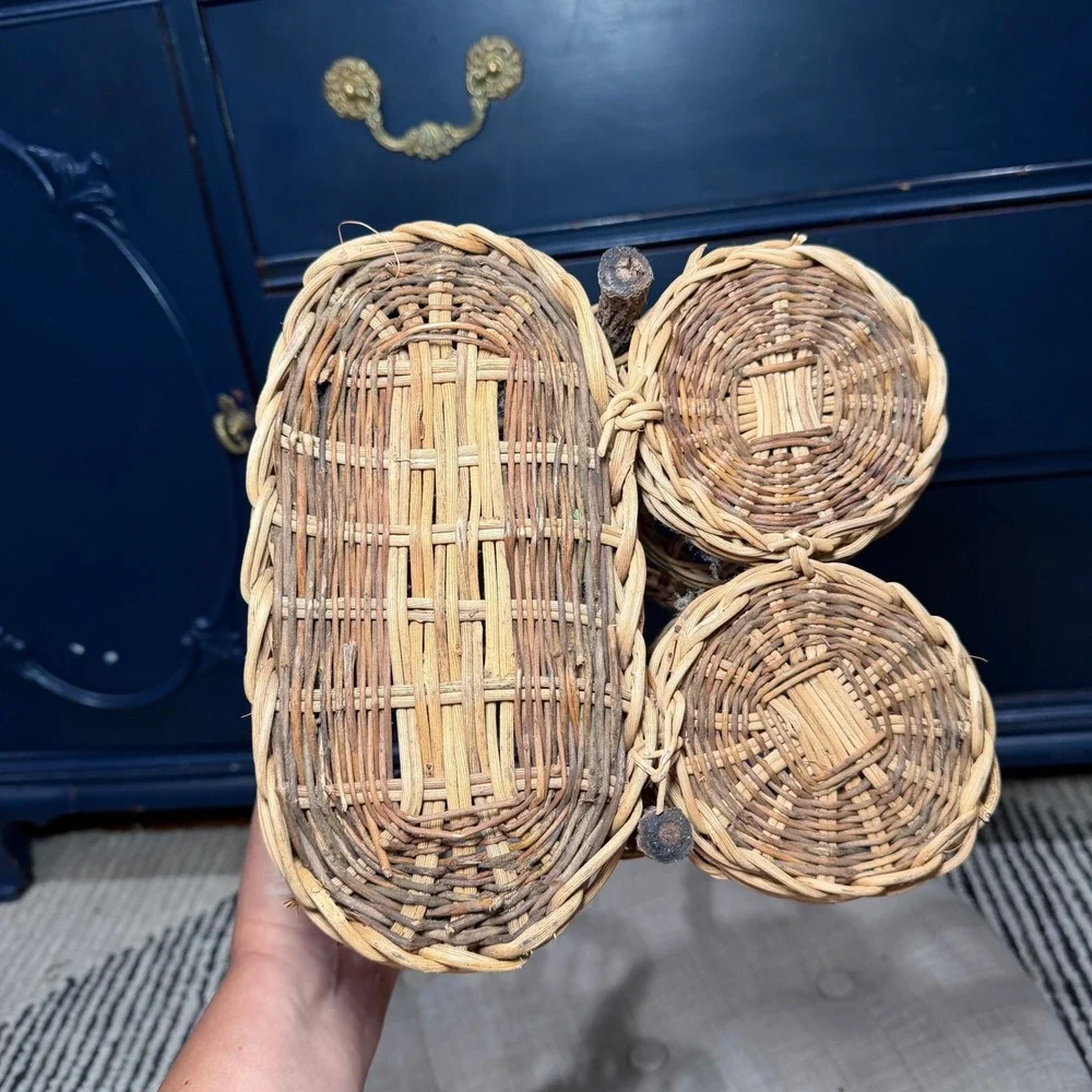 Vintage Wicker Rattan Wine Bottle Caddy 3 Compartment Branch Handle Boho Basket‎